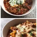 A close-up, steaming bowl of Crockpot Lasagna Soup filled with broken lasagna noodles, rich tomato broth, and ground beef, topped with a dollop of creamy ricotta cheese and stretchy melted mozzarella, garnished with fresh basil on a rustic wooden table.