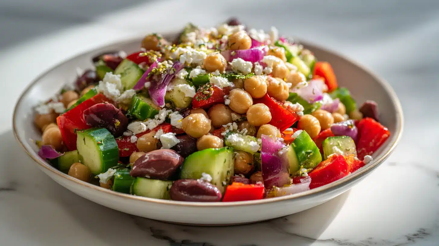 Dense Bean Salad (Viral Mediterranean-Style, Keeps All Week) 23 A bowl of dense bean salad with chickpeas, navy beans, vegetables, and feta cheese on a wooden board.