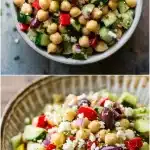 Overhead view of a white bowl filled with a colorful dense bean salad, showing creamy chickpeas, navy beans, diced cucumber, red bell pepper, crumbled feta cheese, and glossy kalamata olives, all tossed in a glistening lemon-oregano dressing on a light wood table.
