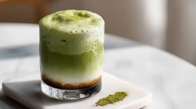 A tall glass of dirty matcha latte showing distinct green and brown layers.