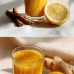 A clear glass filled with a vibrant golden-hued apple cider vinegar and cinnamon wellness drink, garnished with fresh lemon slices and a cinnamon stick on a light, airy kitchen surface, representing the dr phil diabetes recipe.