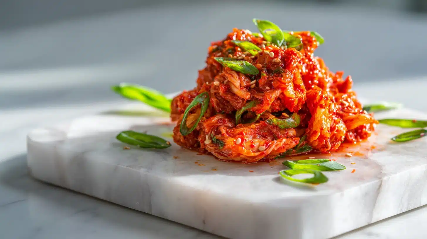 How to Make Mak Kimchi: A Beginner-Friendly Guide to Homemade Fermentation 25 A jar of homemade easy kimchi recipe fermenting on a wooden board