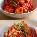 A stunning bowl of freshly made Mak Kimchi, showcasing glossy, crimson-red coated napa cabbage pieces, garnished with bright green onion slices and a sprinkle of sesame seeds. Easy kimchi recipe.