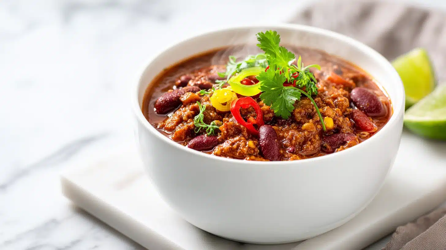 Ridiculously Easy Meatless Chili (One Pot, 40 Minutes) 31 A warm bowl of easy meatless chili recipe topped with cheese and cilantro.