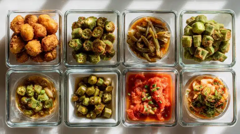 Collection of easy okra recipes: crispy Southern fried okra, grilled okra pods, okra gumbo, and air fryer okra shown together