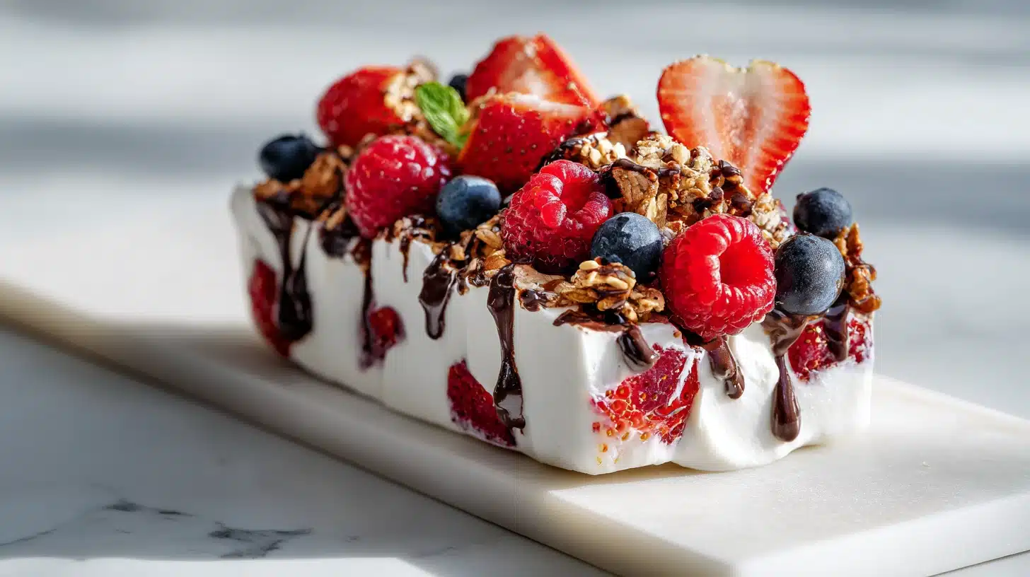 How to Make the Perfect Frozen Yogurt Bark Every Time 24 Broken pieces of Frozen Yogurt Bark topped with berries and granola on a wooden board.