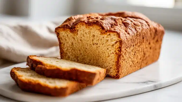 A perfect Gluten free bread recipe sliced and resting on a wooden board.