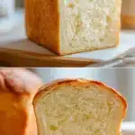 A tall, golden-brown gluten free sandwich bread loaf on a cutting board, sliced to reveal a soft, airy crumb with no gummy texture. Freshly baked homemade bread.
