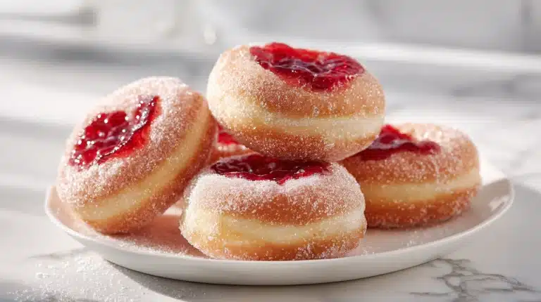 Three golden Gluten-free jam filled donuts on a rustic wooden board with jam oozing out.