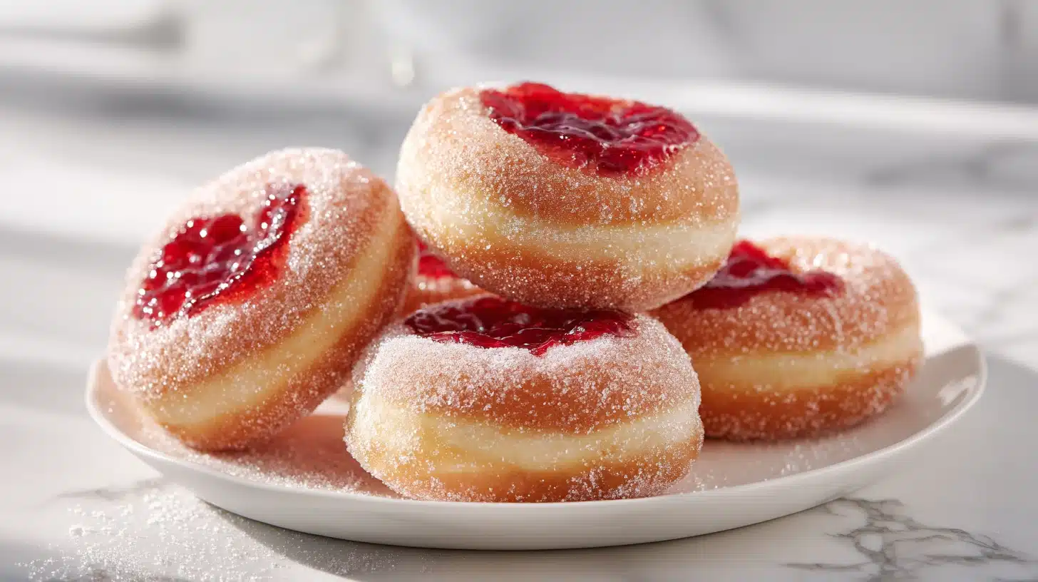 How to Make Perfect Gluten-free jam filled donuts at Home 22 Three golden Gluten-free jam filled donuts on a rustic wooden board with jam oozing out.