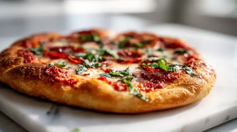 A crispy golden Gluten free pizza crust recipe topped with cheese and basil