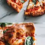A close-up of a freshly baked gluten-free pizza on a wooden peel, showing a golden-brown, crispy and airy crust topped with vibrant red tomato sauce, melted mozzarella cheese, and scattered fresh green basil leaves.