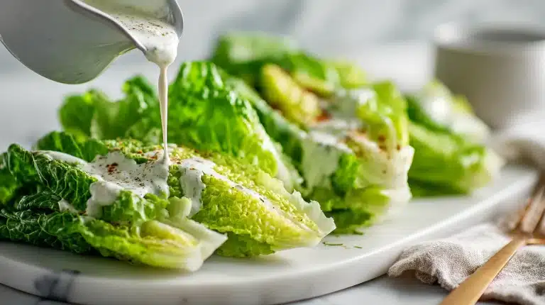 A bowl of creamy greek yogurt caesar dressing topped with parmesan and black pepper.