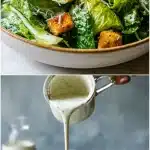 Close-up of a glossy, creamy Greek yogurt Caesar dressing being poured from a whisk over a bowl of fresh romaine lettuce, garnished with shaved parmesan, croutons, and a lemon wedge on a rustic wooden table.