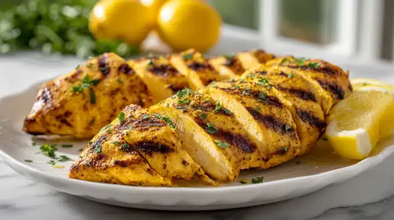 Juicy sliced chicken made with Greek Yogurt Chicken Marinade on a wooden board