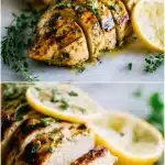 Close-up of sliced, golden-grilled chicken breast with visible char marks, resting on a white plate and garnished with fresh lemon wedges and scattered green herbs, demonstrating the tender result of a Greek yogurt chicken marinade.
