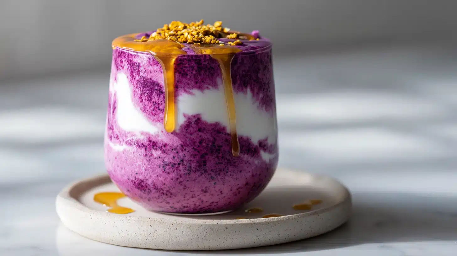 The Ultimate Greek Yogurt Fruit Smoothie (Thick, Creamy, No Guesswork) 18 Thick and creamy Greek Yogurt Fruit Smoothie in a glass on a wooden board.