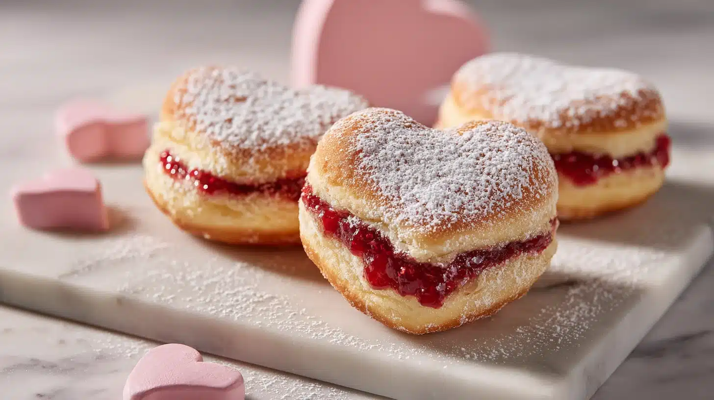 Homemade Heart-Shaped Jam Filled Donuts 25 Heart-shaped jam filled donuts dusted with sugar on a rustic board