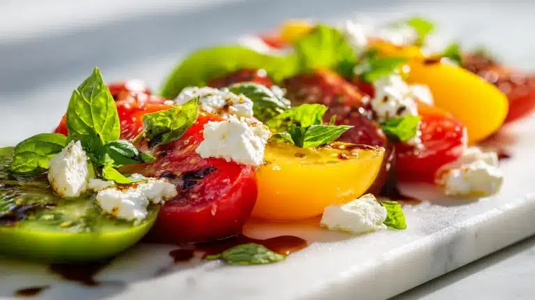A colorful heirloom tomato salad with feta and basil on a rustic platter.