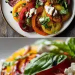 A stunning overhead shot of a heirloom tomato salad on a rustic ceramic platter, featuring sliced red, orange, yellow, and deep purple tomatoes scattered with creamy white feta chunks, vivid green basil leaves, and a glossy dark balsamic reduction drizzle.