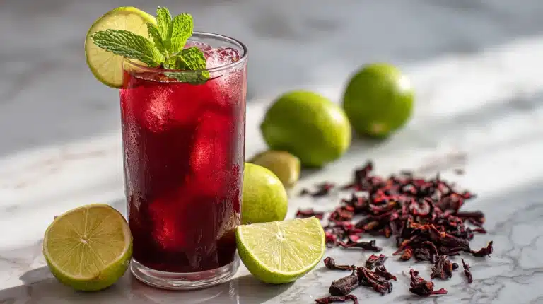 A glass of deep ruby red hibiscus tea recipe with ice and mint.