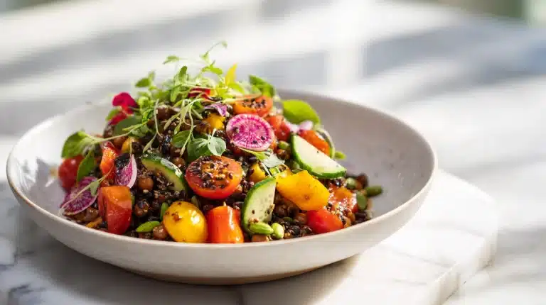 High protein black chickpeas salad in a rustic bowl