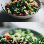 A vibrant bowl of high protein black chickpeas salad with dark kala chana, diced cucumbers, red onion, juicy tomatoes, and fresh cilantro on a light wood table, ready to eat.