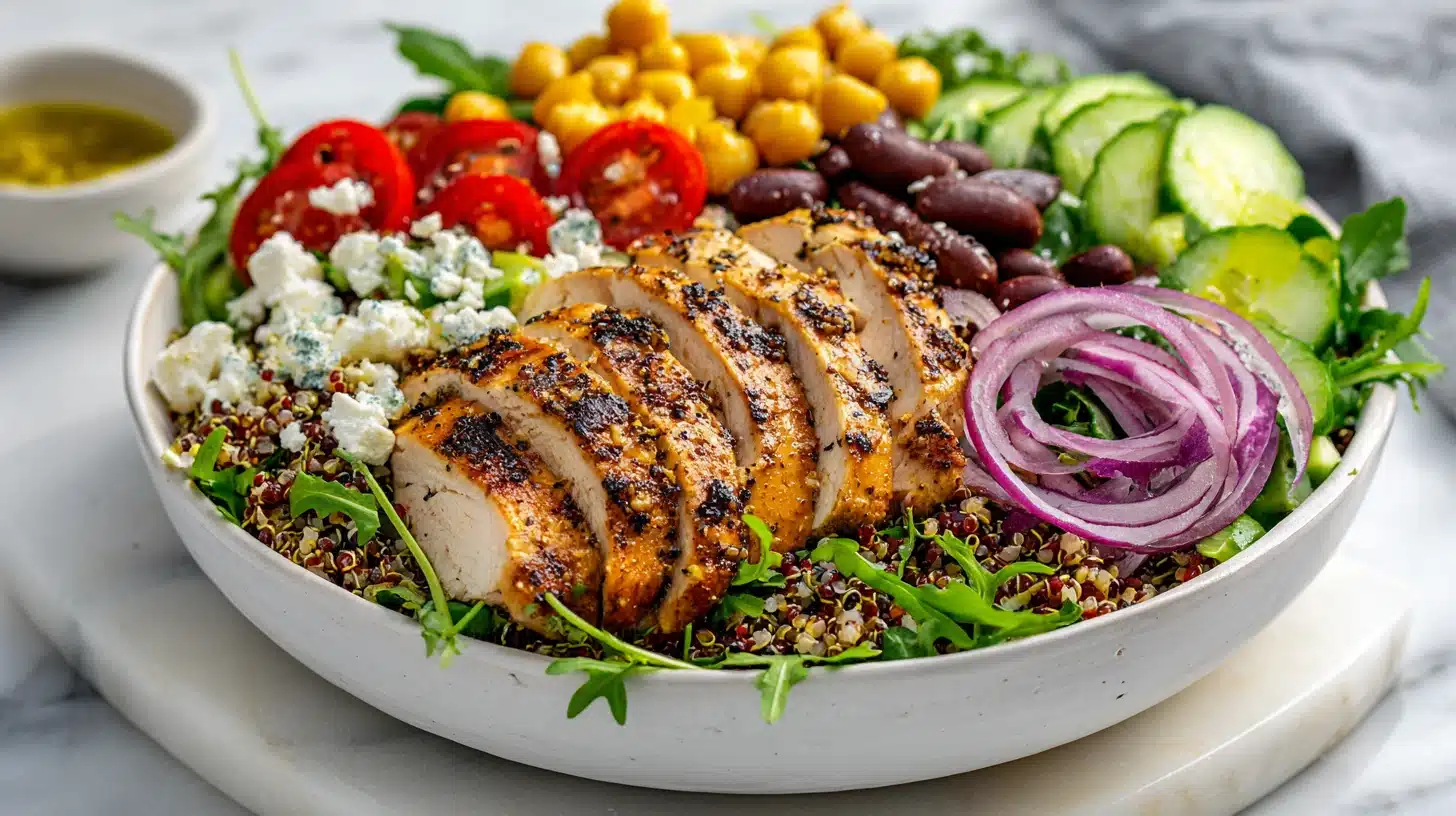 The Ultimate High Protein Quinoa Salad You Will Crave 35 A vibrant high protein quinoa salad in a wooden bowl with chicken and fresh vegetables.