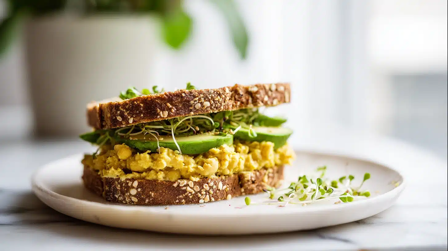 The High Protein Smashed Chickpeas Sandwich You'll Crave 20 High protein smashed chickpeas sandwich on sprouted grain bread with avocado and seeds