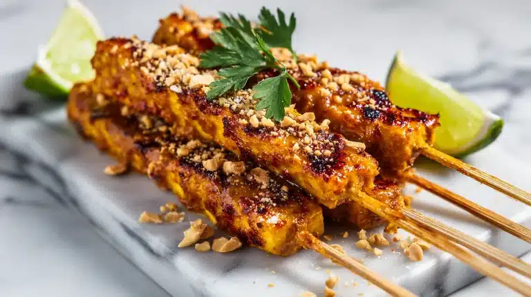 High protein tofu satay skewers with creamy peanut sauce on a wooden board.