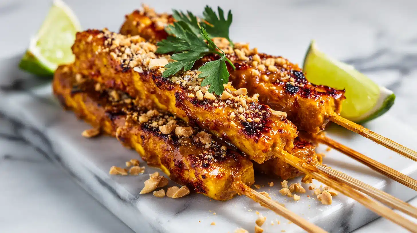 High Protein Tofu Satay Skewers With Creamy Peanut Sauce 29 High protein tofu satay skewers with creamy peanut sauce on a wooden board.