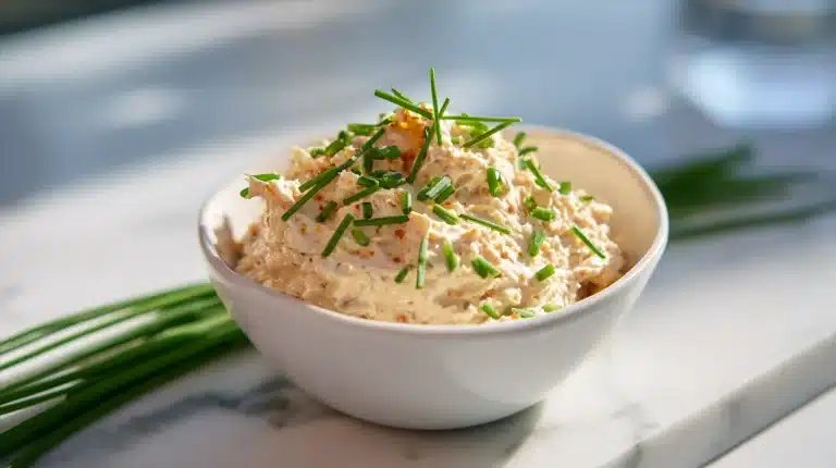 Creamy high protein tuna dip in a rustic bowl with egg and chives