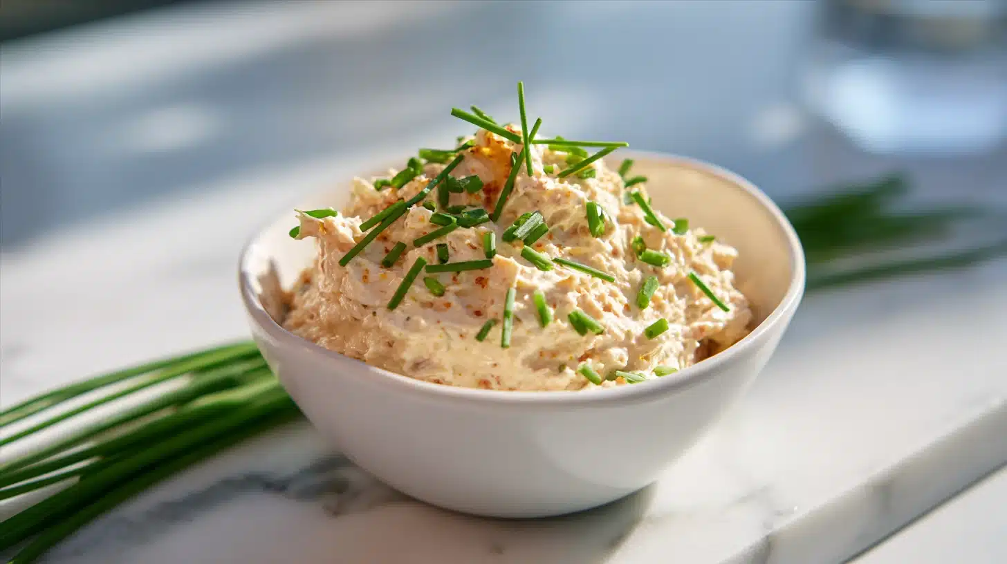 High Protein Tuna Dip (Cottage Cheese Base, 25g Protein, 15 Min) 16 Creamy high protein tuna dip in a rustic bowl with egg and chives