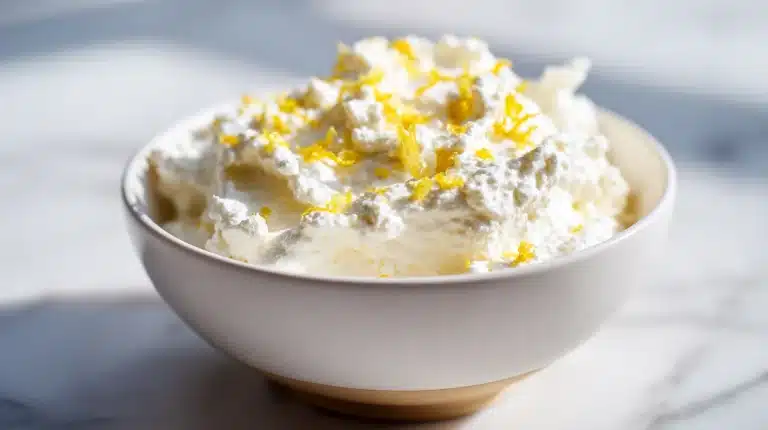 A bowl of fresh homemade cottage cheese topped with cream and blueberries.