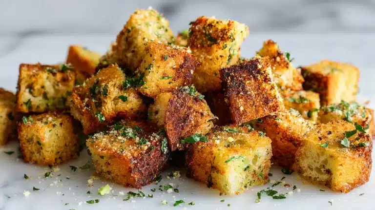A bowl of Caesar salad featuring Homemade Croutons for Caesar Salad and shaved parmesan.