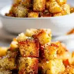 A close-up mound of golden-brown, crispy homemade croutons for Caesar salad, glistening with olive oil and speckled with parmesan cheese and dried herbs, scattered on a rustic wooden board.
