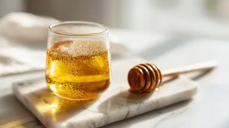 Glass of water showing the honey and baking soda trick on a wooden table