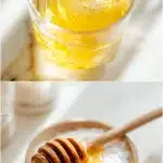 A clear glass of warm water on a bright marble surface, with golden unpasteurized honey swirling from a wooden dipper and a fine dusting of white baking soda settling, visually representing the honey and baking soda trick for natural wellness.
