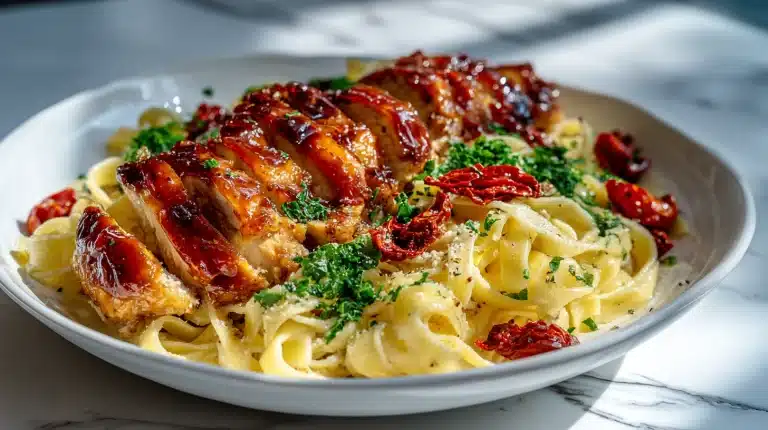 A bowl of Honey Butter Chicken Alfredo with sun-dried tomatoes and fresh parsley.