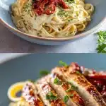 A bowl of creamy fettuccine alfredo with sliced, glossy honey butter chicken, sun-dried tomatoes, and fresh parsley, showcasing the Honey Butter Chicken Alfredo recipe on a dark tabletop.