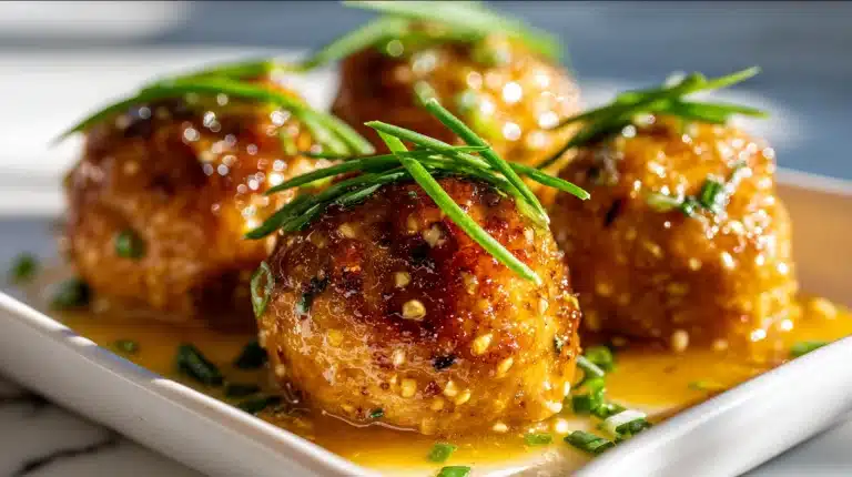 A pan of honey mustard chicken meatballs with a glossy amber glaze and fresh herbs.