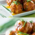 Close-up of golden-brown baked chicken meatballs coated in a glossy, sticky honey mustard sauce, garnished with finely chopped fresh green chives and served on a bright white plate or surface, with sauce pooling around the meatballs.