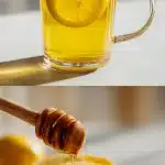 A clear glass mug filled with a vibrant golden honey turmeric tonic, featuring floating lemon slices and a cinnamon stick on a bright, fresh background.