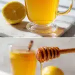 A steaming clear glass mug filled with a golden honey lemon tonic, garnished with floating fresh lemon slices and a whole cinnamon stick, resting on a bright white marble countertop. This visual represents a natural honey trick recipe for memory and cognitive support.