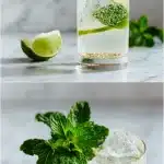 A tall, elegant glass filled with a bubbling Hugo spritz recipe cocktail, featuring clear prosecco and elderflower liqueur, garnished with a fresh lime wedge and a large sprig of vibrant green mint, set against a bright white marble background.