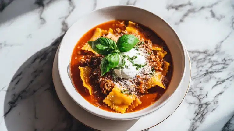 A bowl of Instant Pot Lasagna Soup with meat, noodles, and cheese.