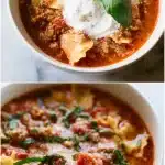 Overhead view of a steaming bowl of Instant Pot Lasagna Soup, showing broken lasagna noodles, ground meat, and a rich tomato broth, topped with a melting three-cheese dollop and fresh green basil leaves on a rustic wooden table.