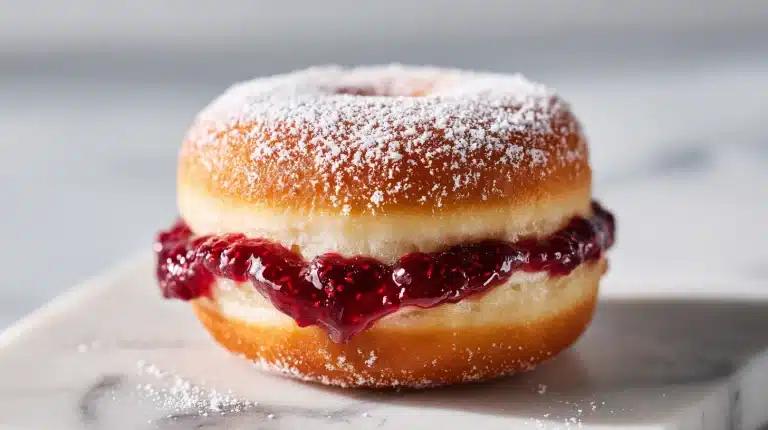 Golden donuts split open to show thick Jam donut filling on a wooden board