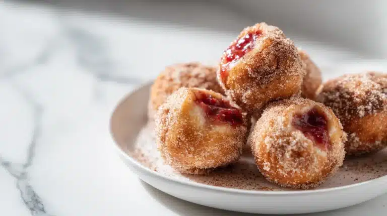 Warm Jam filled donut holes covered in cinnamon sugar on a wooden board
