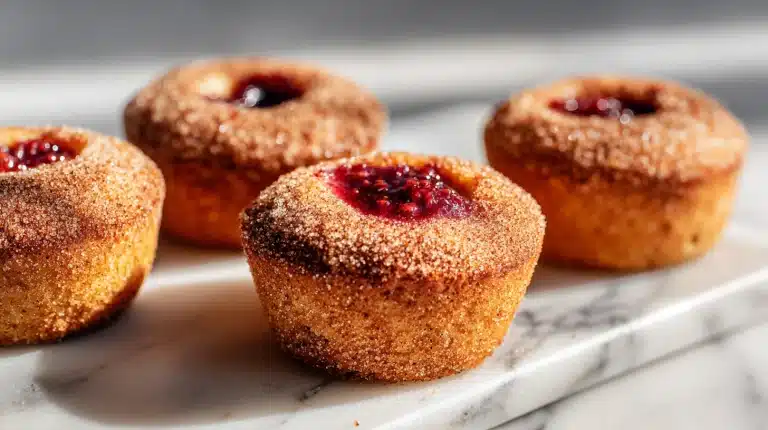 Jam filled donut muffins with cinnamon sugar coating and red fruit center
